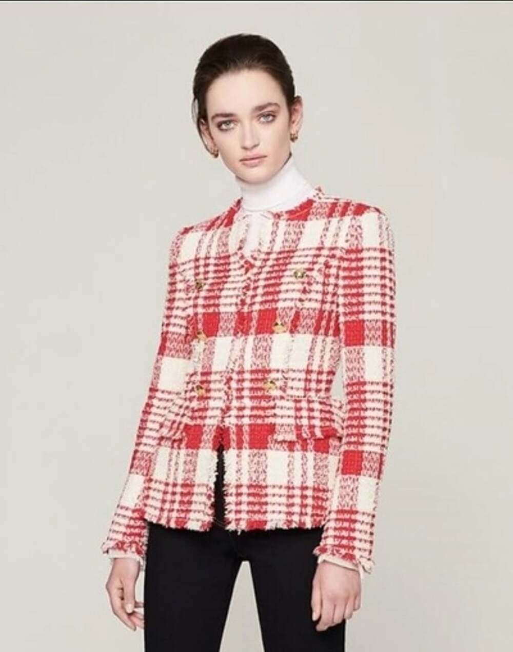 $1995 Escada Lacquer Red White Tweed Plaid Blazer Jacket Size EU 42 US 10-12